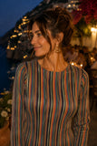 Show Me Your Mumu Drifter Dress Style MM6-6588 RB58 in Sundown Stripe. Close-up of the round neckline and multicolor vertical stripe pattern on the Drifter Mini Dress