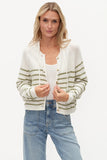 Six Fifty Clothing Annalora Hoodie Style SF1541A in Green Stripe. Women's light weight 100% Cotton white knit button front striped spring and beachy hoodie.