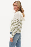 Six Fifty Clothing Annalora Hoodie Style SF1541A in Green Stripe. Women's light weight 100% Cotton white knit button front striped spring and beachy hoodie.
