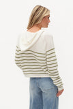 Six Fifty Clothing Annalora Hoodie Style SF1541A in Green Stripe. Women's light weight 100% Cotton white knit button front striped spring and beachy hoodie.