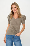 Six Fifty Clothing Camilla Tee Style SF3659 in Army Green;Puff Short Sleeve Tee;Ruched Puff short sleeve summer tee; 