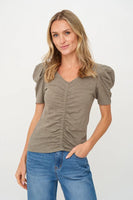 Six Fifty Clothing Camilla Tee Style SF3659 in Army Green;Puff Short Sleeve Tee;Ruched Puff short sleeve summer tee; 