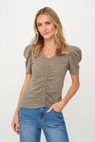Six Fifty Clothing Camilla Tee Style SF3659 in Army Green;Puff Short Sleeve Tee;Ruched Puff short sleeve summer tee; 