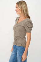 Six Fifty Clothing Camilla Tee Style SF3659 in Army Green;Puff Short Sleeve Tee;Ruched Puff short sleeve summer tee; 