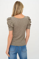 Six Fifty Clothing Camilla Tee Style SF3659 in Army Green;Puff Short Sleeve Tee;Ruched Puff short sleeve summer tee; 