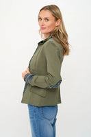 Six Fifty Clothing Clarissa Blazer Style SF101 in Olive;Mixed Media Denim Blazer Jacket; Mixed Media Blazer