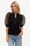 Six Fifty Clothing Colette Top Style SF5540P in Black; Mixed Media Polka Dot Sleeve Top; Black Sheer Puff Sleeve Top