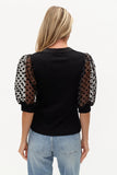 Six Fifty Clothing Colette Top Style SF5540P in Black; Mixed Media Polka Dot Sleeve Top; Black Sheer Puff Sleeve Top