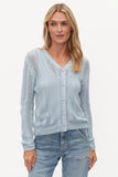 Six Fifty Clothing Ebony Crochet Cardigan Style SF2326 in Both Blue Mist an Ivory. Women's V-neckline, crochet, lightweight, button front 100% cotton spring cardigan.