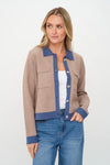 Six Fifty Clothing Fallon Cardigan Style SF1455 in Latte;Contrast Trim Fall Cardigan Sweater; 