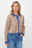 Six Fifty Clothing Fallon Cardigan Style SF1455 in Latte;Contrast Trim Fall Cardigan Sweater; 