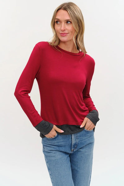 Six Fifty Clothing Izzy Layered Tee style SF1325 in Burgundy; Fall Layered Look Top