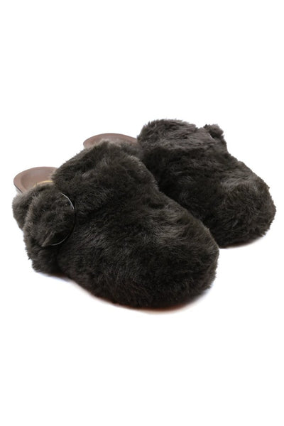 Solei Sea Aspen Slide in Bark; Faux Fur Fall/Winter Slide Slipper; indoor/Outdoor Slipper; 
