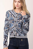 Spartina 449 Clothing Francesca Jacquard Cardigan Japonica Cartouche Blue; Perfect Cardigan to wear with dark wash jeans