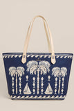 Spartina 449 Fiesta Tote Style B100147618 in Flagler Resort Set Sail. a cotton and jute blend women's tote bag Decorated with embroidered sailboats and palm trees.