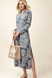 Spartina Clothing Celia Midi Dress in St. Augustine Bird; Blue Bird and palm tree printed cotton slit spring midi dress