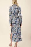 Spartina Clothing Celia Midi Dress in St. Augustine Bird; Blue Bird and palm tree printed cotton slit spring midi dress