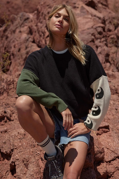 Spiritual Gangster Clothing Yin Yang Stack Lyric Sweater Style CWKW029YNG in Black Multi; Color Block Yin Yang Fall Sweater