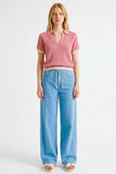 Steve Madden Apparel ASPYN Sweater Top Style SA11492 in Spiced Coral. Rayon Blend Peach colored johnny collar open knit spring summer sweater top