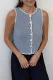 Steve Madden Apparel Annya Sweater Vest Style SB11149 in Blue Ice. Women's 100% Cotton open knit contrast stitch detail button front spring summer sweater vest