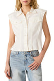 Steve Madden Apparel Cassady Top Style SA09447 in Antique. Women's white linen blend padded shoulder cap sleeve top with faux pearl buttons