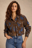 Steve Madden Apparel Dove Jacket style SC04217TEPS in Teal Paisley; Cropped Jacket to wear with high waisted denim.  Girls Night Jacket