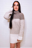 Steve Madden Apparel Meghan Color Block Sweater Dress Style BN408308OATM in Oatmeal;Trutleneck Sweater Dress;Steve Madden Sweater Dress; 