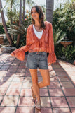 Steve Madden Apparel Montana Knit Top Style SA10430 in Canyon Rose. Semi sheer flower embroidered tie bracelet sleeve V-neck ruffle tiered spring summer top