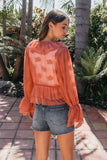 Steve Madden Apparel Montana Knit Top Style SA10430 in Canyon Rose. Semi sheer flower embroidered tie bracelet sleeve V-neck ruffle tiered spring summer top