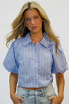 Steve Madden Apparel Reece Top Style BP304699SFTB in soft blue stripe; Cropped Boxy Puff Sleeve Button Down Top