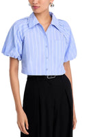 Steve Madden Apparel Reece Top Style BP304699SFTB in soft blue stripe; Cropped Boxy Puff Sleeve Button Down Top
