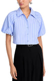 Steve Madden Apparel Reece Top Style BP304699SFTB in soft blue stripe; Cropped Boxy Puff Sleeve Button Down Top