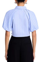 Steve Madden Apparel Reece Top Style BP304699SFTB in soft blue stripe; Cropped Boxy Puff Sleeve Button Down Top