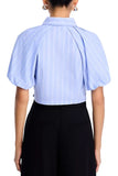 Steve Madden Apparel Reece Top Style BP304699SFTB in soft blue stripe; Cropped Boxy Puff Sleeve Button Down Top
