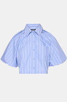 Steve Madden Apparel Reece Top Style BP304699SFTB in soft blue stripe; Cropped Boxy Puff Sleeve Button Down Top