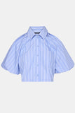 Steve Madden Apparel Reece Top Style BP304699SFTB in soft blue stripe; Cropped Boxy Puff Sleeve Button Down Top