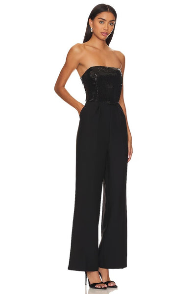 Steve Madden Apparel Riki Jumpsuit Style BN403679BLCK in Black;Black Strapless Jumpsuit;Party Jumpsuit;Cocktail Party Jumpsuit;Holiday Party Jumpsuit; 