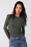 Steve Madden Apparel Seline Knit Top Dark Style sc10383 in Olive; Green, fitted, padded shoulder scoop neck top