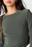 Steve Madden Apparel Seline Knit Top Dark Style sc10383 in Olive; Green, fitted, padded shoulder scoop neck top