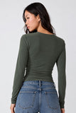 Steve Madden Apparel Seline Knit Top Dark Style sc10383 in Olive; Green, fitted, padded shoulder scoop neck top