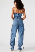 Steve Madden Apparel Zara Jumpsuit Style BO303934BLDM;Strapless Denim Jumpsuit;Denim Cargo Jumpsuit;Steve Madden Strapless Deniim Cargo Jumpsuit; 