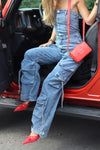 Steve Madden Apparel Zara Jumpsuit Style BO303934BLDM;Strapless Denim Jumpsuit;Denim Cargo Jumpsuit;Steve Madden Strapless Deniim Cargo Jumpsuit; 