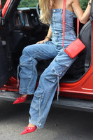 Steve Madden Apparel Zara Jumpsuit Style BO303934BLDM;Strapless Denim Jumpsuit;Denim Cargo Jumpsuit;Steve Madden Strapless Deniim Cargo Jumpsuit; 