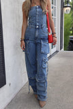 Steve Madden Apparel Zara Jumpsuit Style BO303934BLDM;Strapless Denim Jumpsuit;Denim Cargo Jumpsuit;Steve Madden Strapless Deniim Cargo Jumpsuit; 