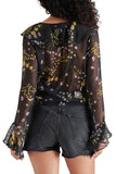 Steve Madden Bay Floral Ruffle Chiffon Top style BO104173BLCK;black chiffon top;black floral blouse; 