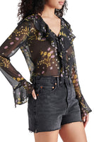 Steve Madden Bay Floral Ruffle Chiffon Top style BO104173BLCK;black chiffon top;black floral blouse; 