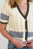 Steve Madden Clothing Fiona Sweater Cardigan Style SA11068 in BLue; Blue Striped Ivory Pointelle Button Front Spring Cardigan