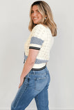 Steve Madden Clothing Fiona Sweater Cardigan Style SA11068 in BLue; Blue Striped Ivory Pointelle Button Front Spring Cardigan