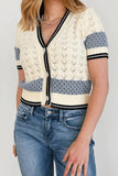 Steve Madden Clothing Fiona Sweater Cardigan Style SA11068 in BLue; Blue Striped Ivory Pointelle Button Front Spring Cardigan