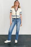 Steve Madden Clothing Fiona Sweater Cardigan Style SA11068 in BLue; Blue Striped Ivory Pointelle Button Front Spring Cardigan